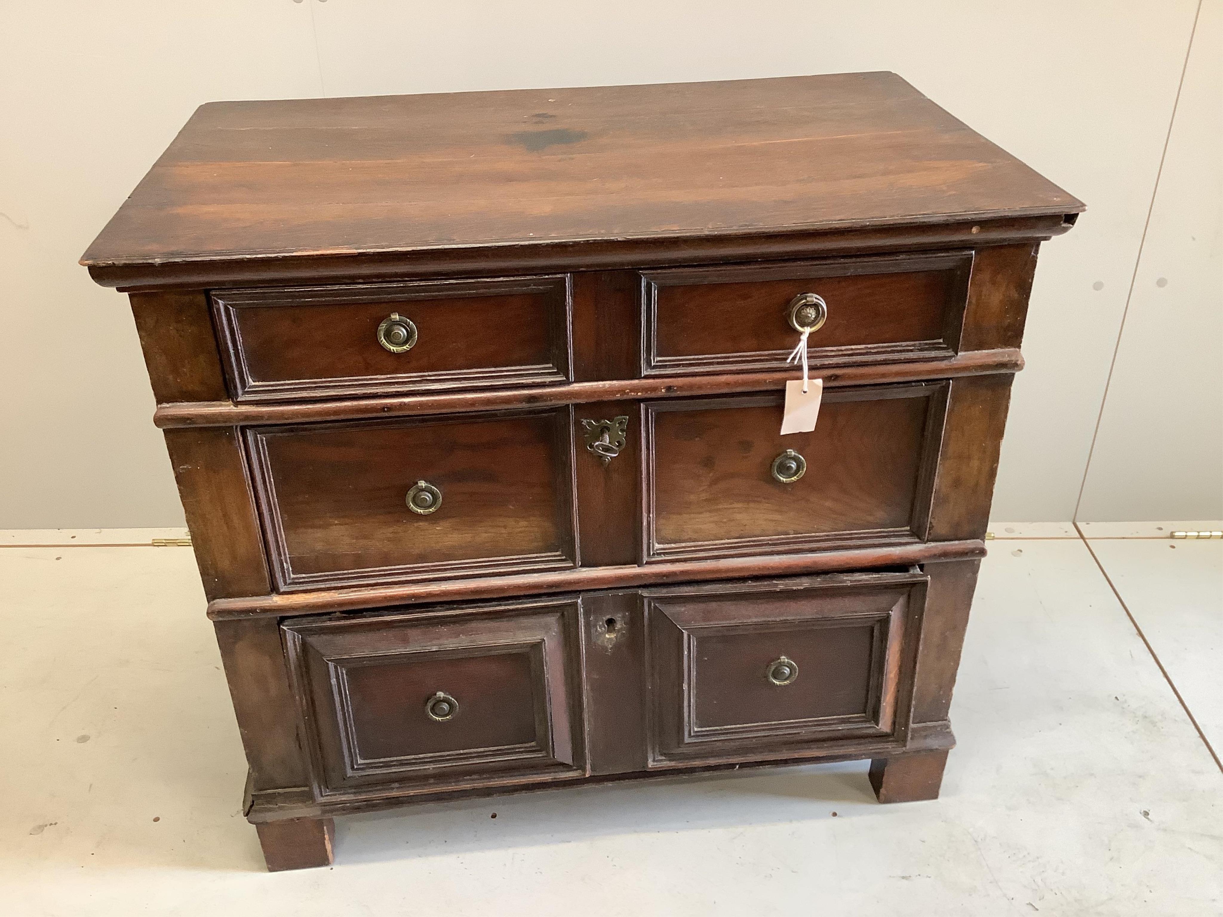 A small 18th century oak three drawer chest, width 89cm, depth 54cm, height 80cm. Condition - fair